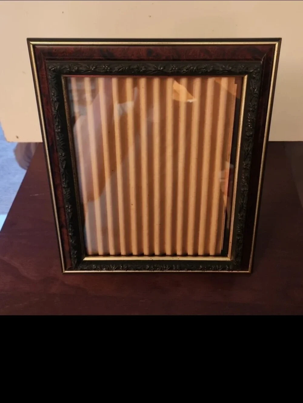 Faux Dark Wood With Black Plastic Floral Design with Gold Trim Picture Frame